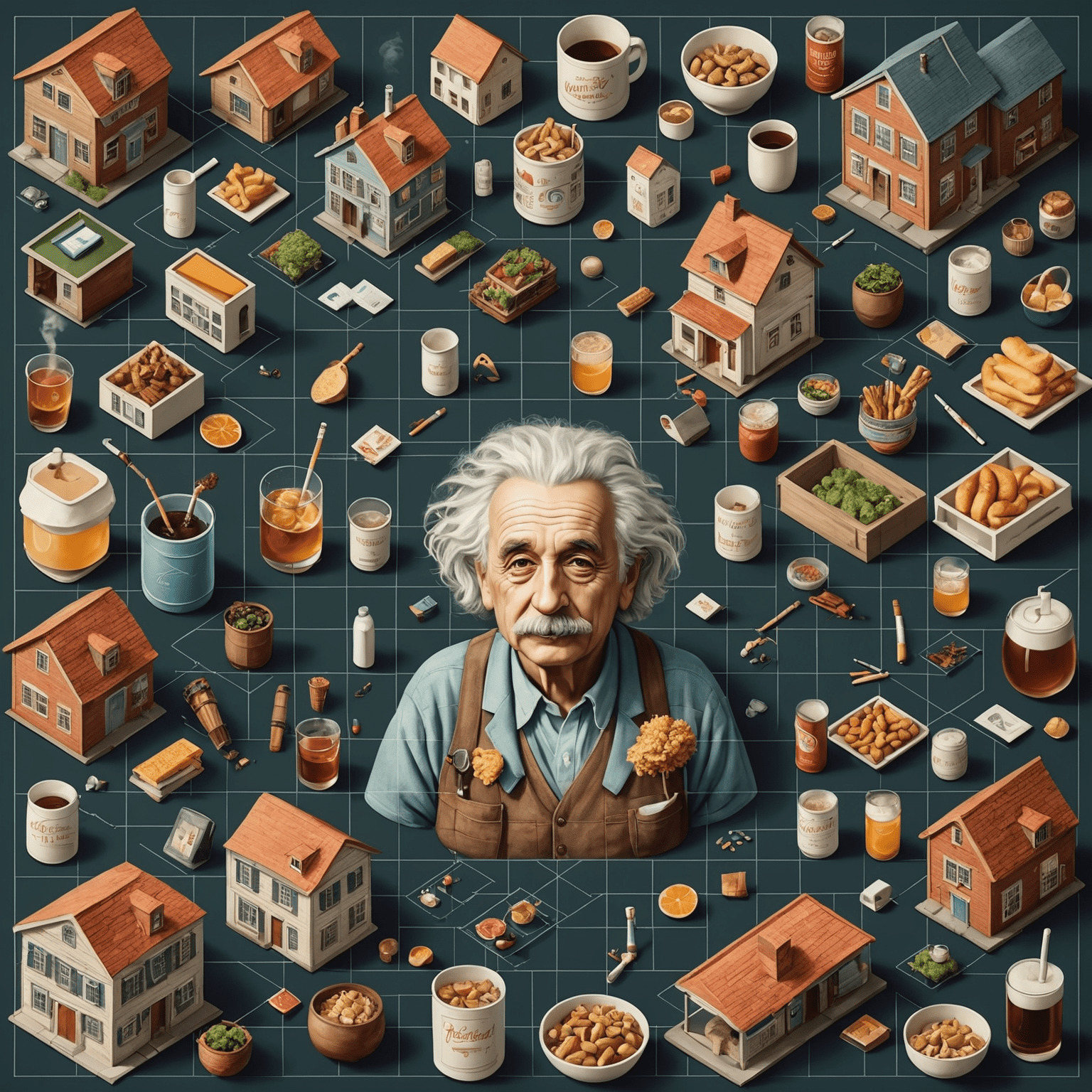 A complex grid showing houses, nationalities, pets, drinks, and cigarettes, representing Einstein's famous logic puzzle