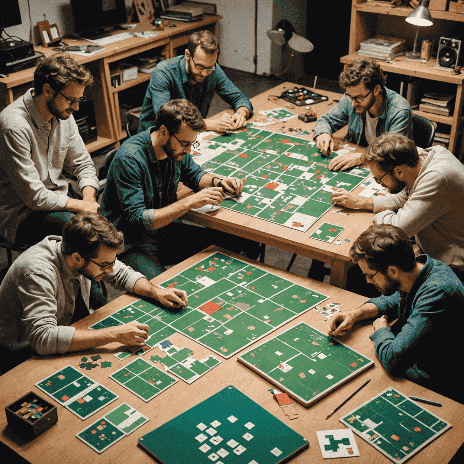 A collage of French logic game designers working on puzzles and game prototypes in a creative studio environment