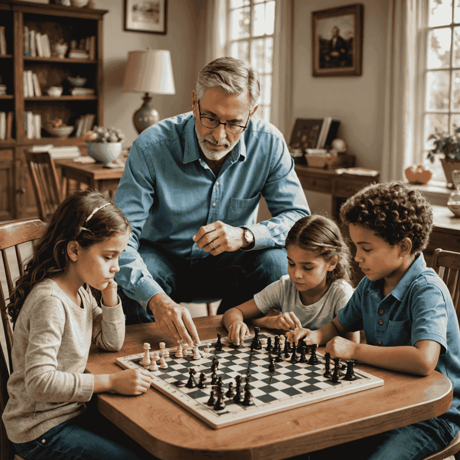 A family gathered around a table, playing various logic games. Adults and children are engaged in puzzles, chess, and other brain-teasing activities.