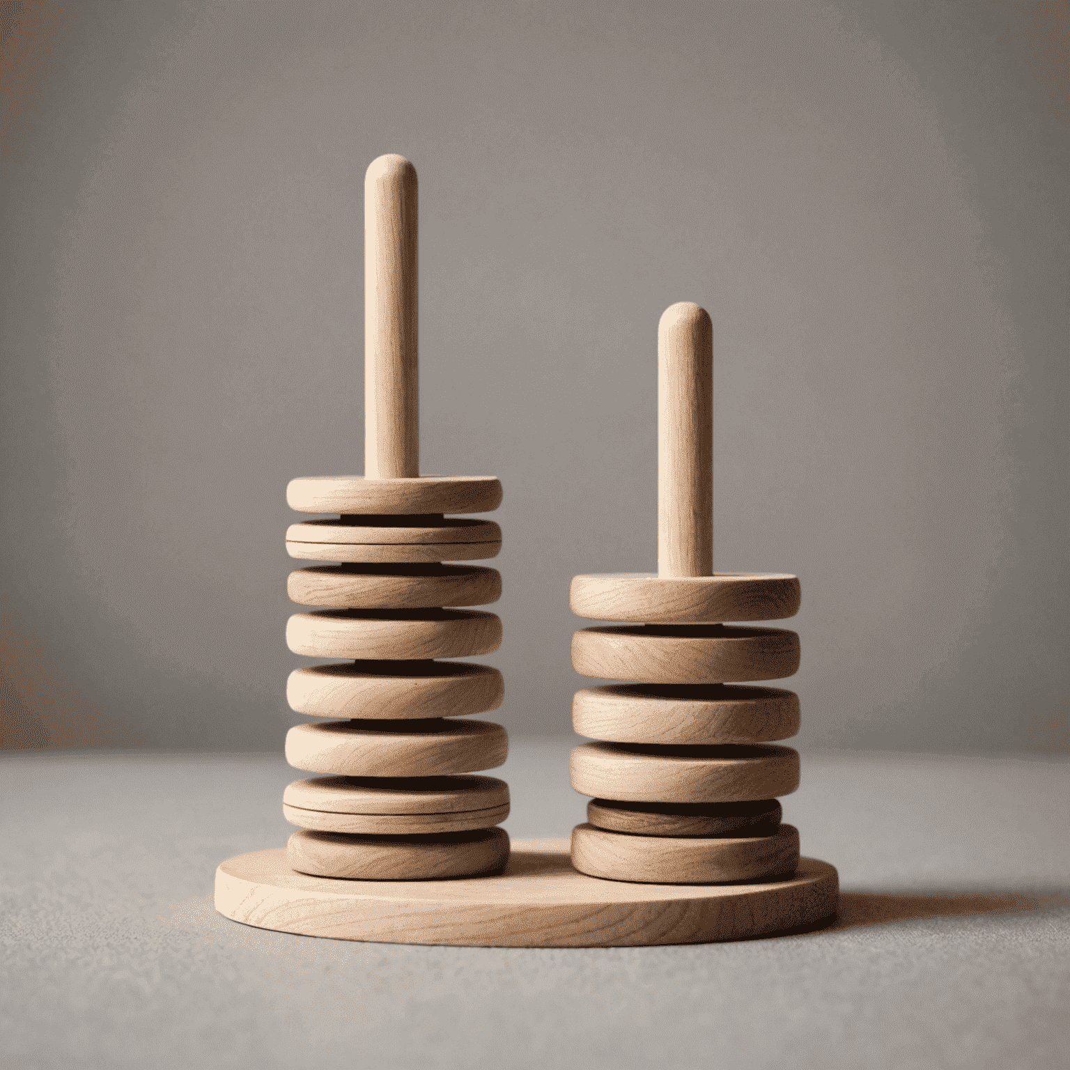 Three pegs with discs of different sizes stacked on them, representing the Tower of Hanoi puzzle