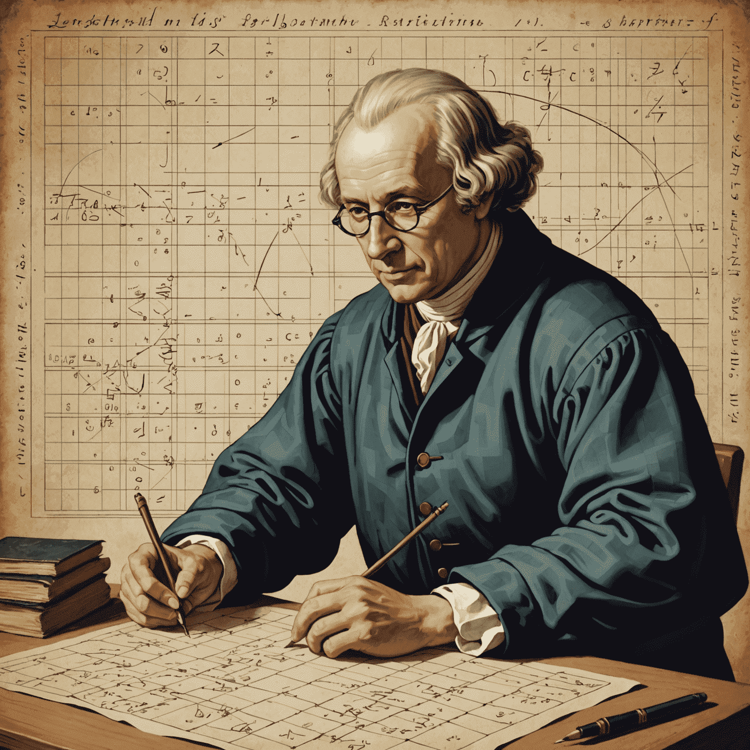 An illustration of Leonhard Euler working on Latin squares, with mathematical notations and grid patterns visible