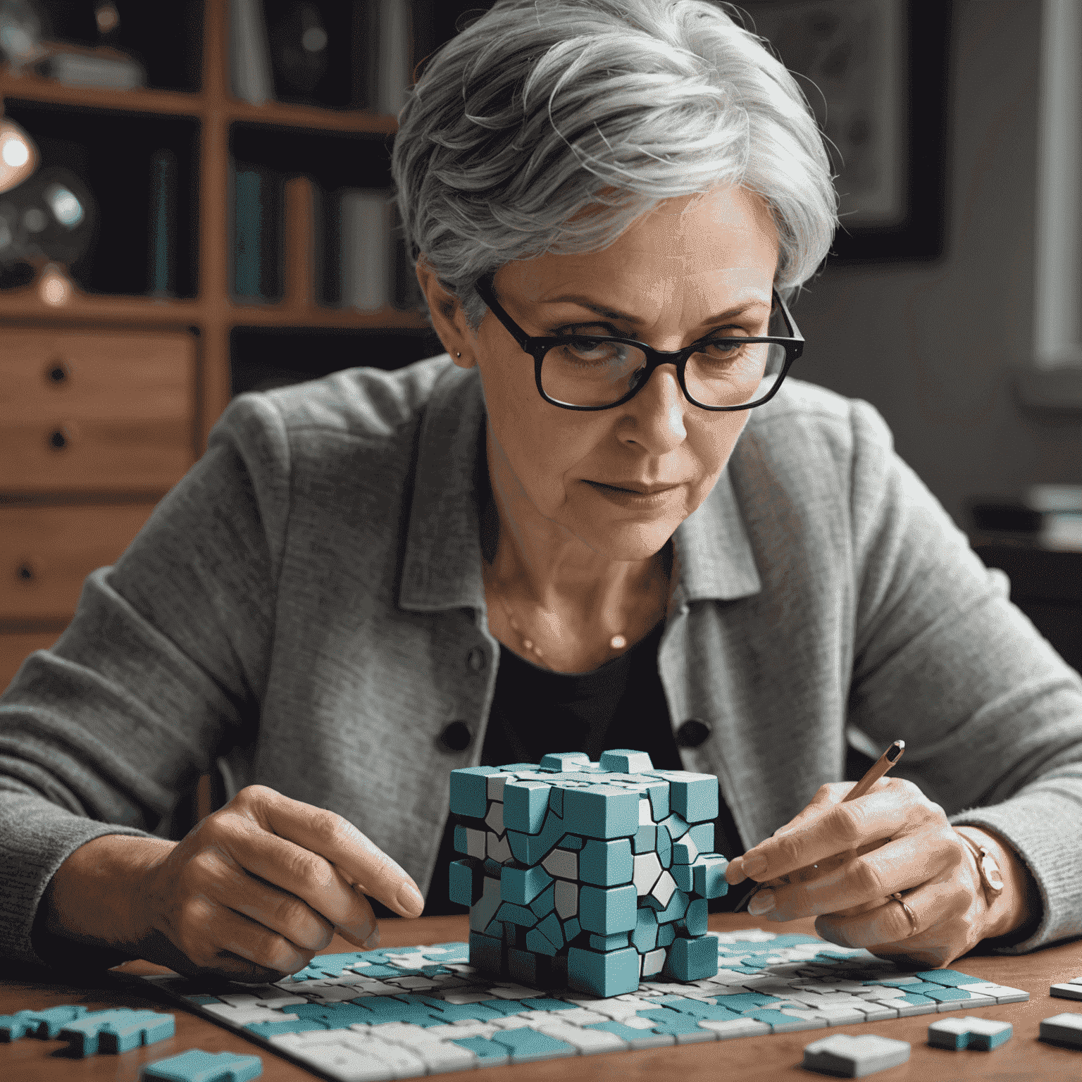 Marie Dubois, a middle-aged woman with short grey hair and glasses, examining a complex 3D puzzle prototype