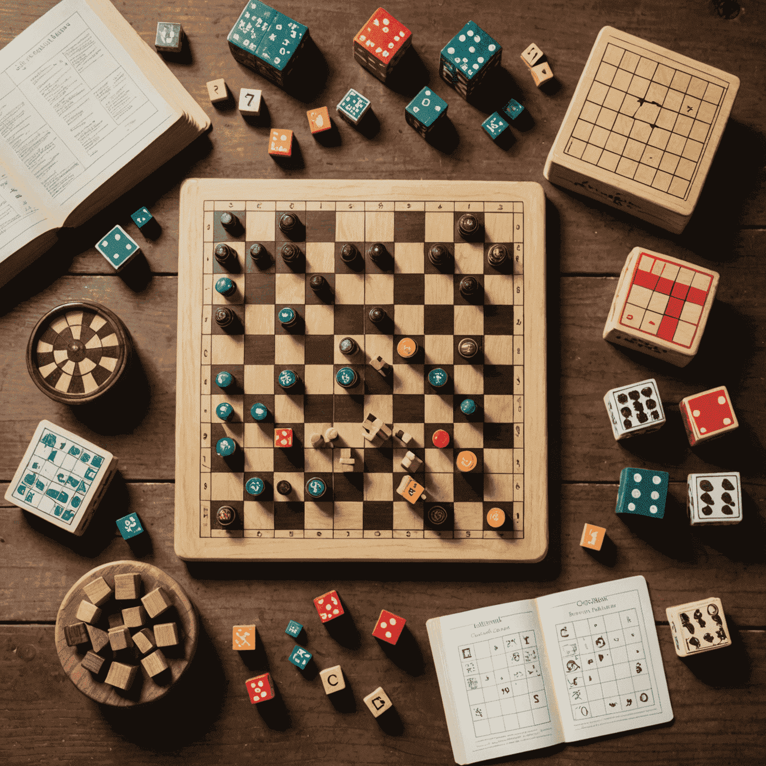 A collection of logic games spread out on a wooden table, including chess pieces, Rubik's cube, Sudoku book, and various puzzle pieces.