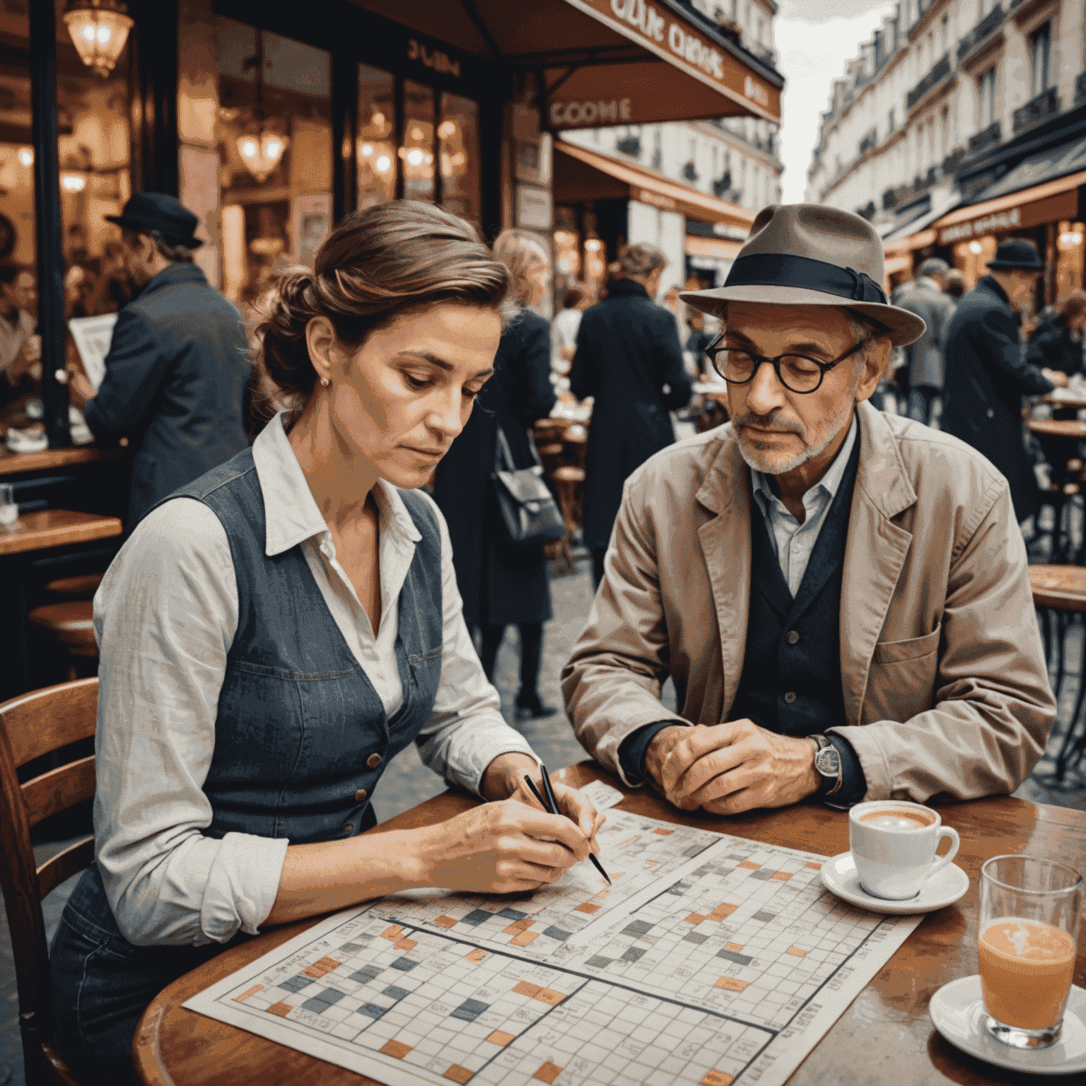 A Parisian café scene with people solving Sudoku puzzles in newspapers, showcasing the popularity of the game in France