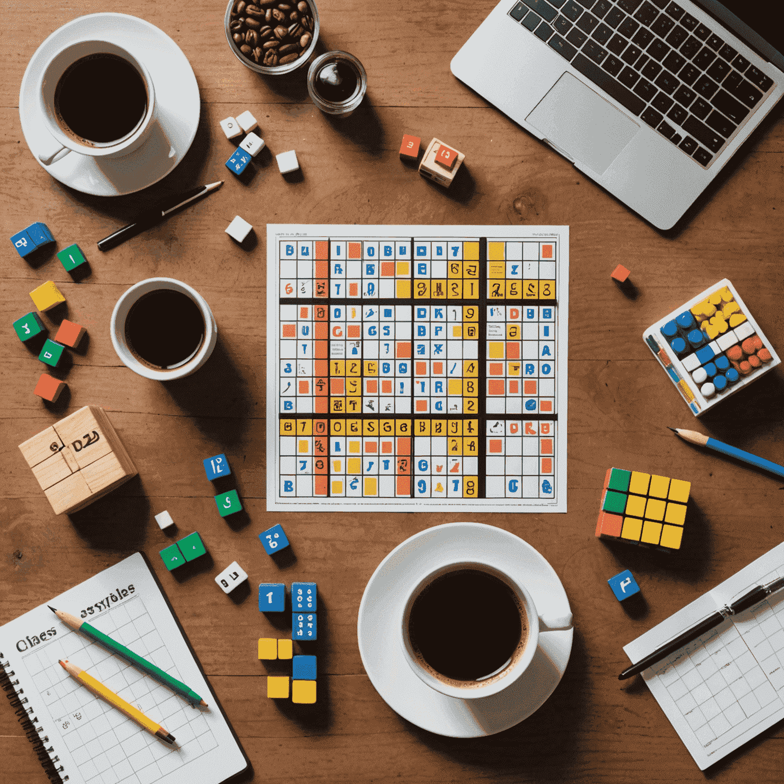 A collage of various logic games and puzzles, including Sudoku, chess, and Rubik's Cube, arranged on a desk with a cup of coffee