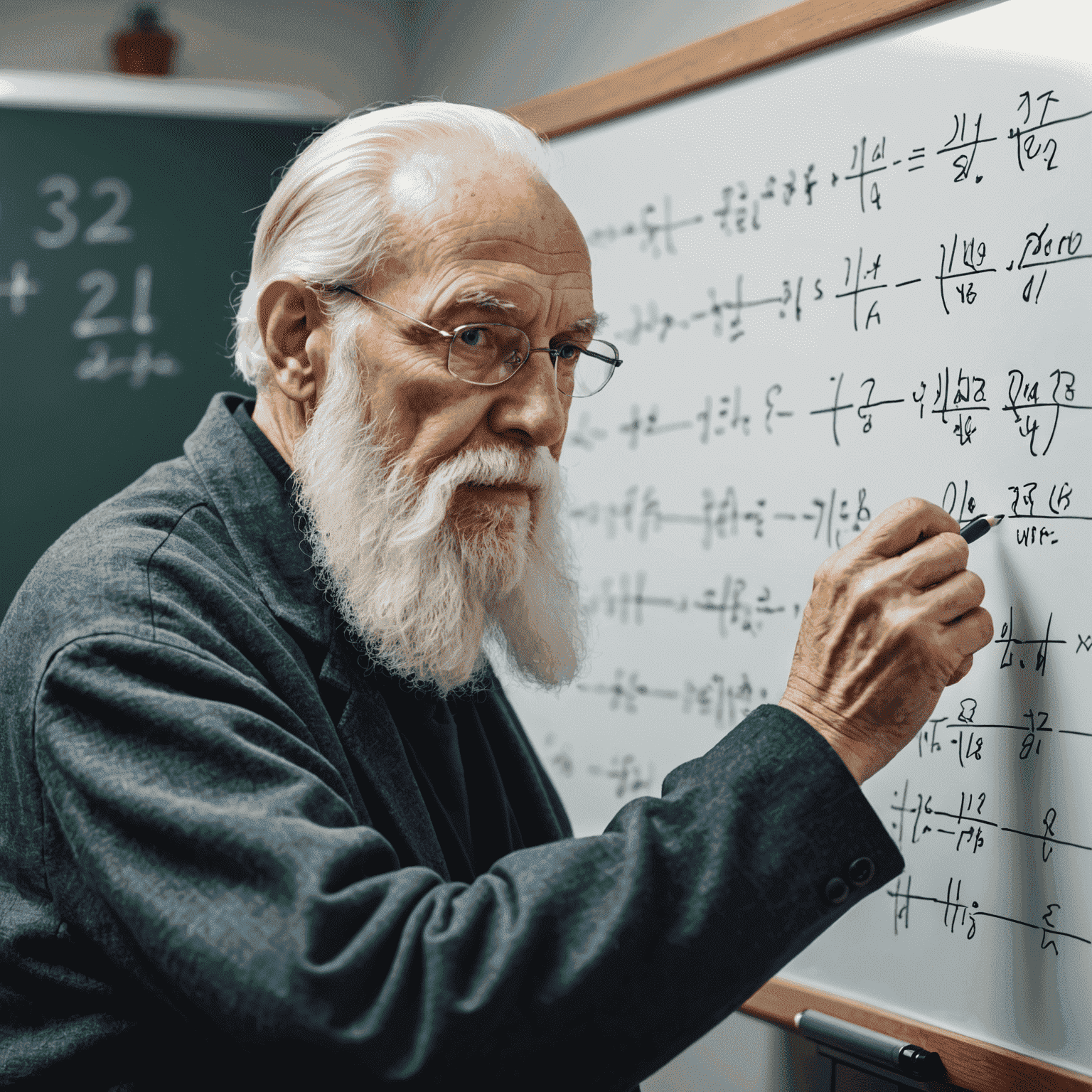 Pierre Lefebvre, an elderly man with a white beard, writing complex mathematical equations on a large whiteboard