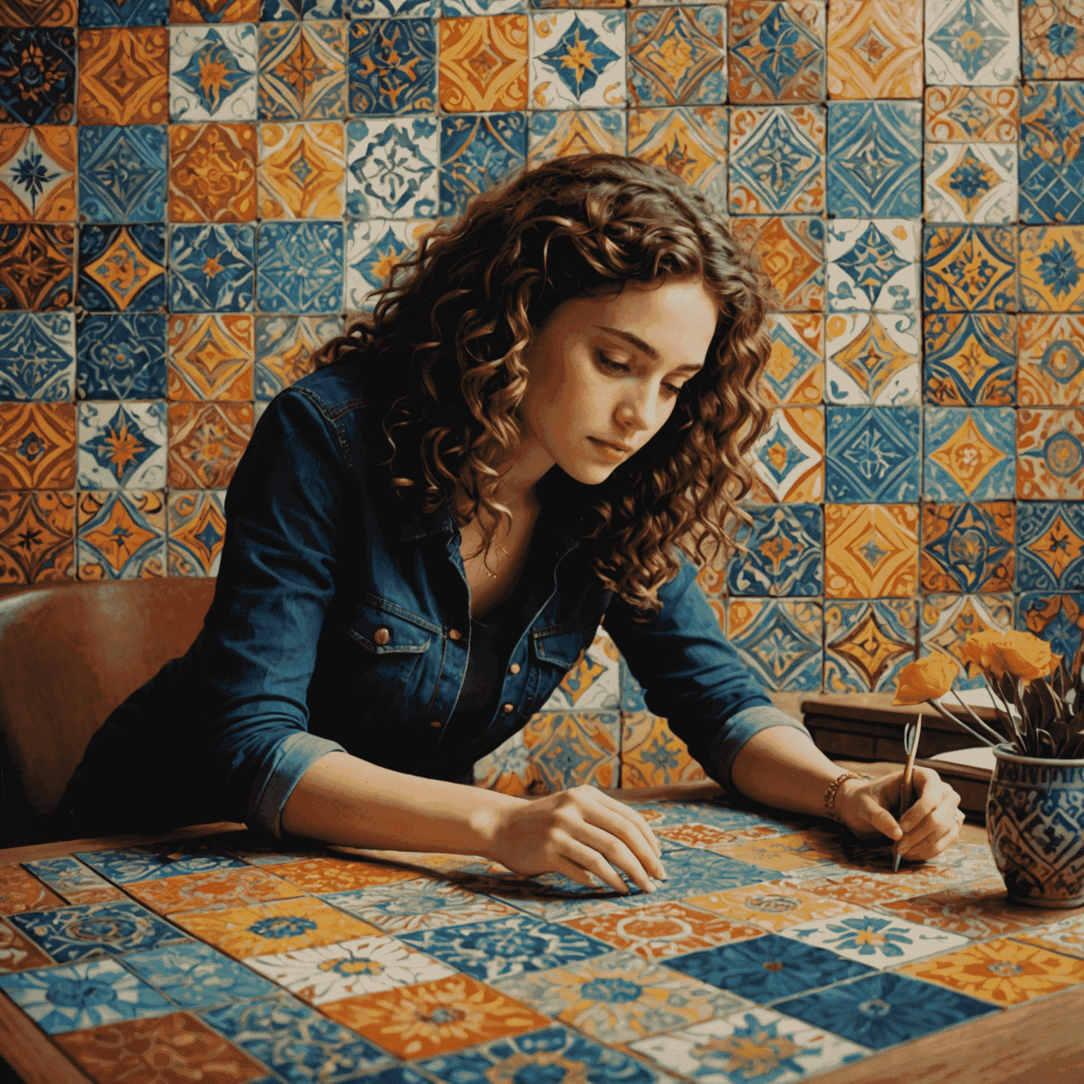 Sophie Moreau, a young woman with curly brown hair, arranging colorful tiles in complex patterns on a large table